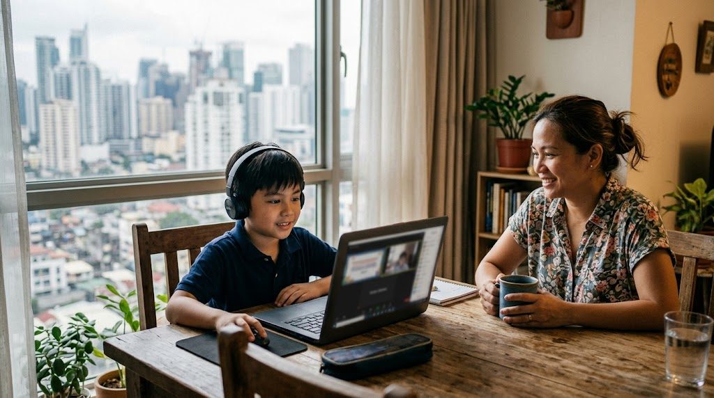 マニラのコンドミニアムで、子どもがノートパソコンでオンライン授業を受け、そばで母親が見守る様子