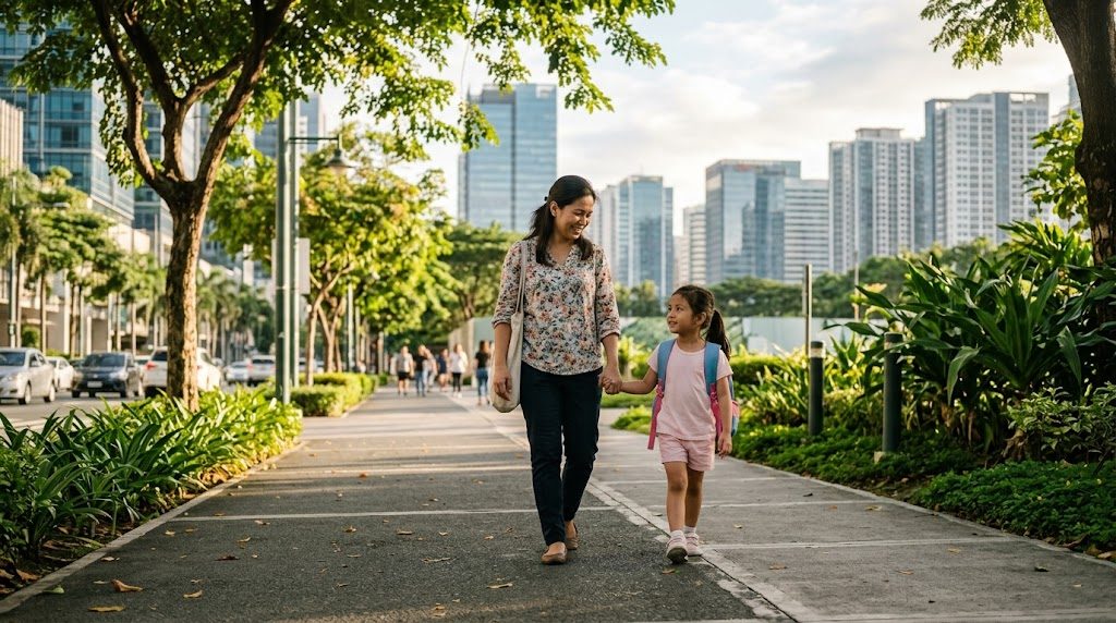 マニラ・BGCの高層ビルを背景に、母親が子どもと並木道を歩いて登校する朝の様子