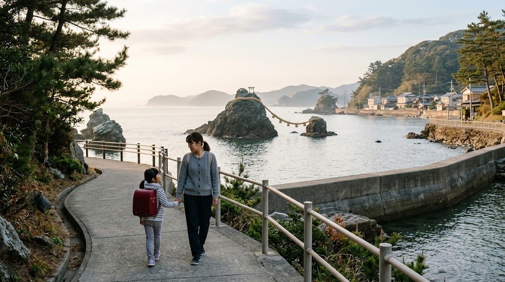 A parent and child walking hand in hand along a coastal path near the Meoto Iwa wedded rocks and torii gate at Futami in Mie Prefecture on a clear morning
