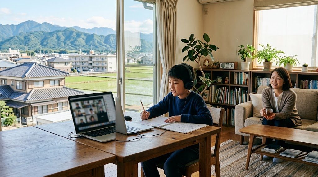 A child attending an online class on a laptop at home in Mie Prefecture while a parent listens warmly from nearby