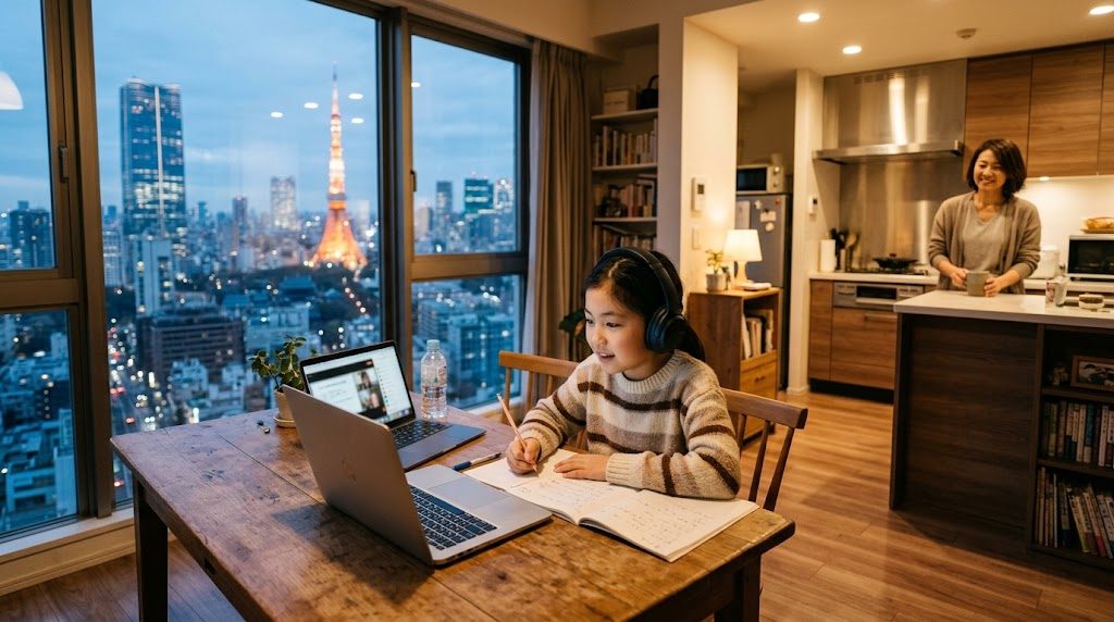 港区の自宅で、子どもがオンライン授業を受けるそばで母親が穏やかに見守る様子