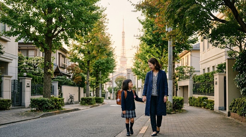 朝の港区の街並みを背景に、通学かばんを持った子どもと母親が並んで歩く様子
