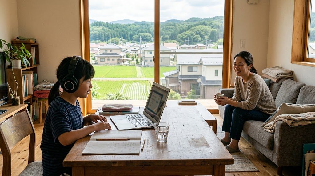 宮城県の自宅リビングで、子どもがノートパソコンでオンライン授業を受け、そばで保護者が穏やかに見守る様子