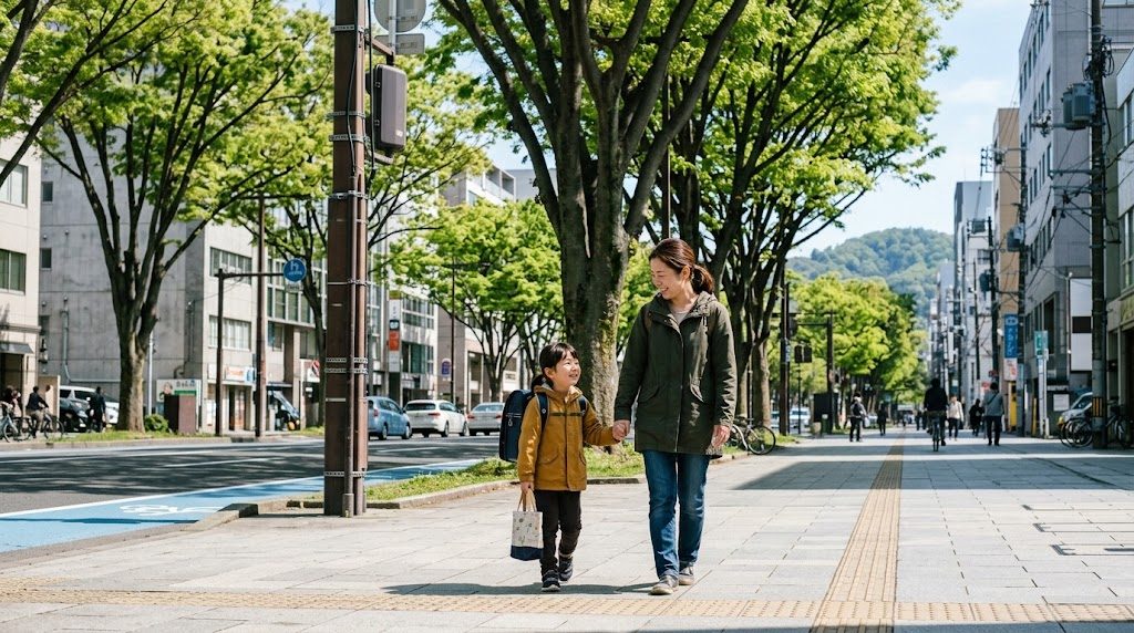 仙台の街並みと並木道を背景に、通学かばんを持った子どもと保護者が朝の道を並んで歩く宮城県の風景