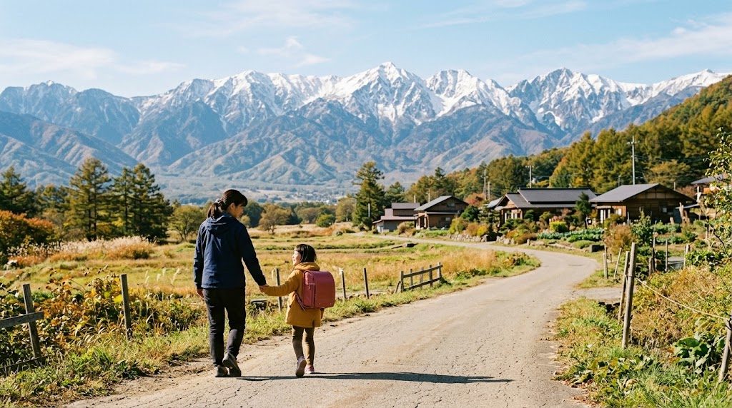北アルプスの山並みを望む長野県の高原の道を、通学かばんを背負った子どもと保護者が並んで歩く朝の風景