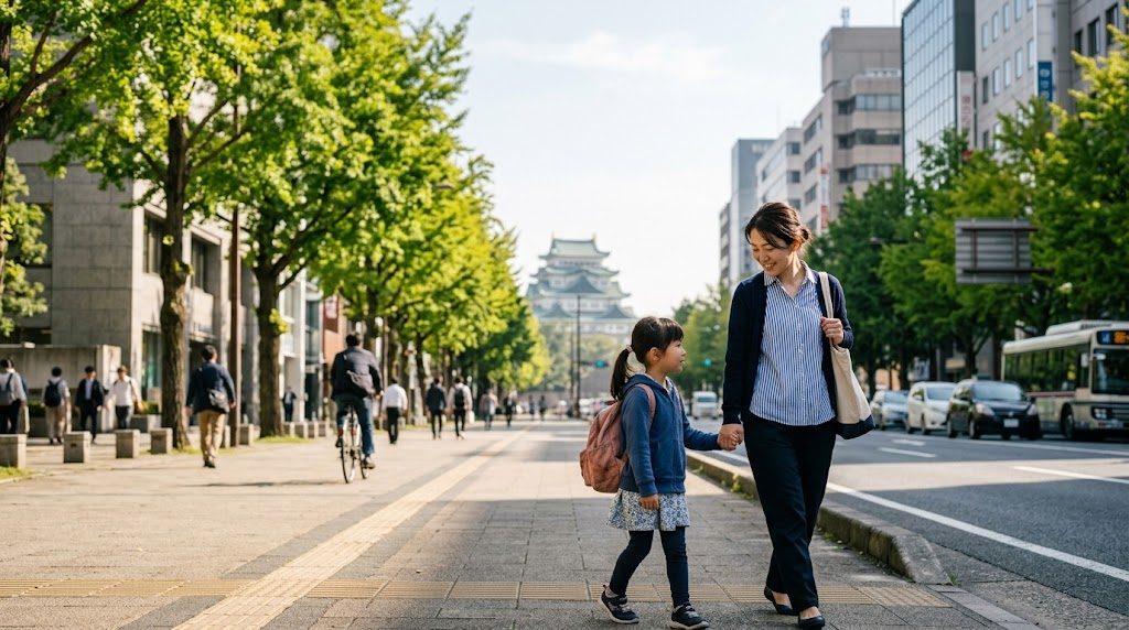 名古屋城を背景に、朝の街路を手をつないで歩く母親と小学生の子ども