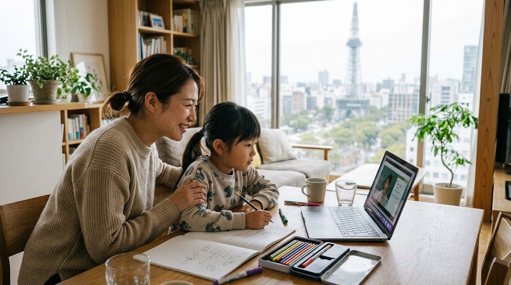 名古屋の自宅リビングで、ノートパソコンを前にオンライン授業に参加する子どもと寄り添う保護者
