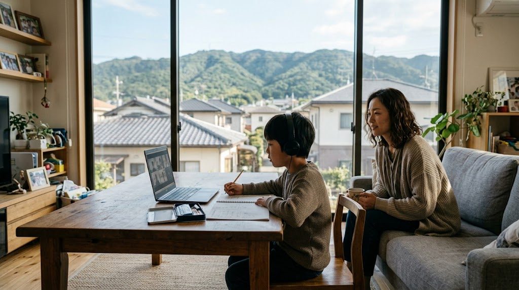 奈良県の自宅リビングで、子どもがノートパソコンでオンライン授業を受け、そばで母親が穏やかに見守る様子