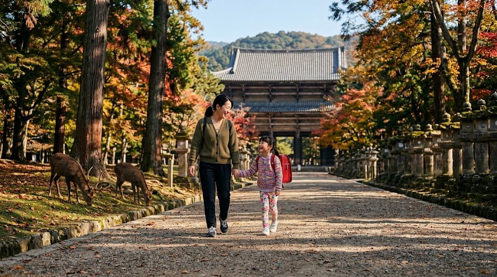 奈良公園の朝の道を、通学かばんを背負った子どもと母親が並んで歩き、そばで鹿が草を食んでいる奈良県の風景