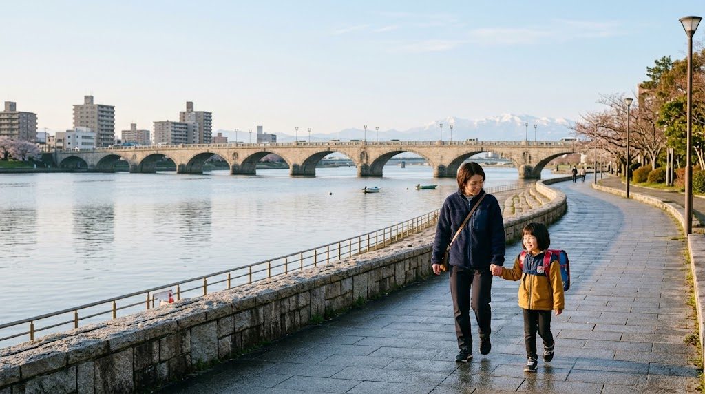 新潟市の萬代橋と信濃川を望む朝の歩道を、通学かばんを背負った子どもと母親が手をつないで歩く風景