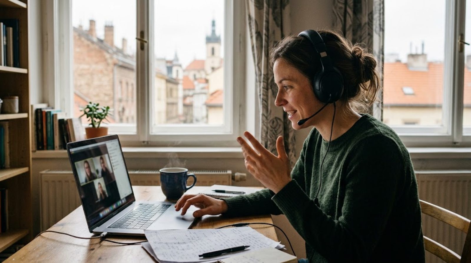 A teacher talking with children through the screen during a small-group online lesson from a rented apartment abroad