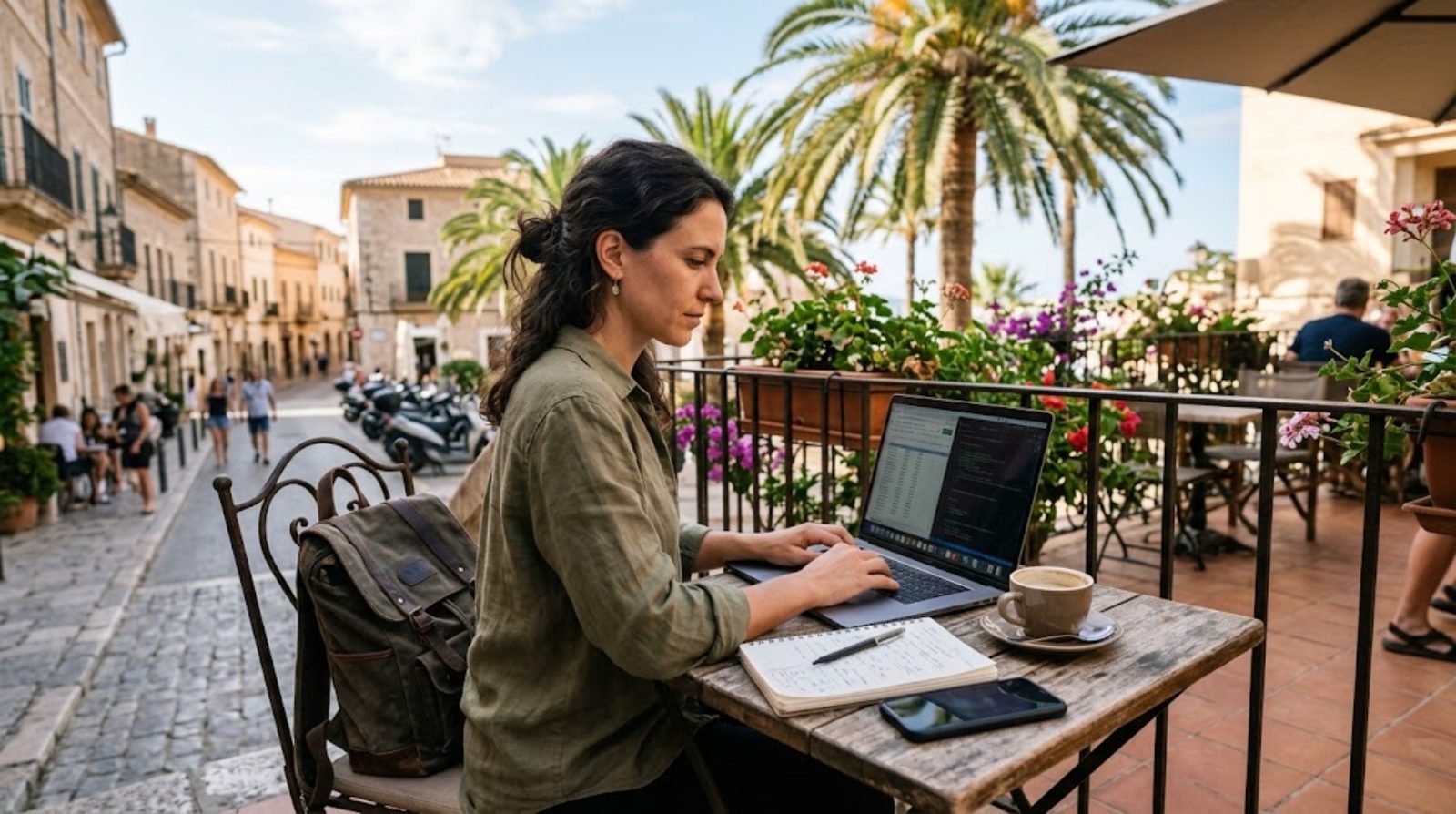 An adult in their thirties working with focus on a laptop at a sunlit terrace abroad, the everyday reality of a digital nomad working while travelling