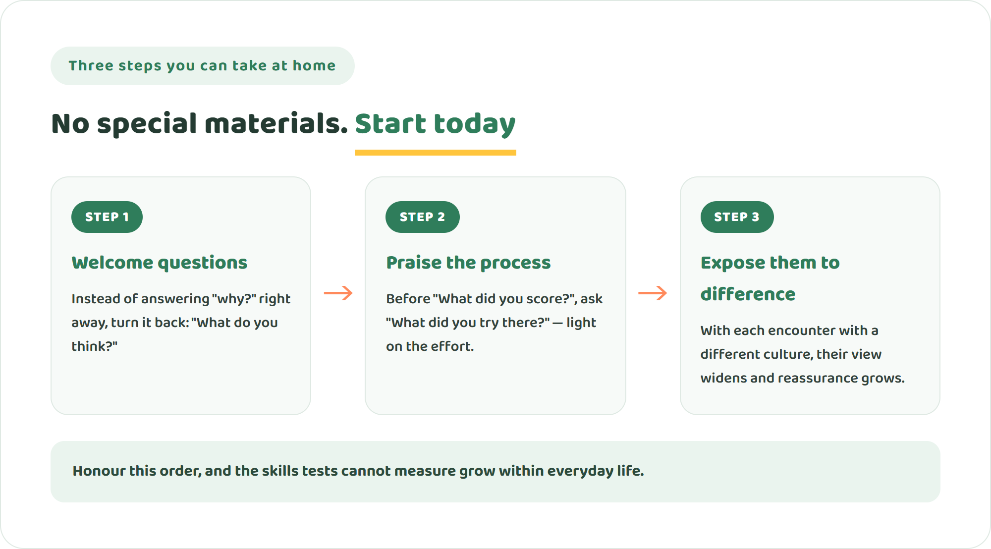 Three-step diagram for nurturing the skills tests cannot measure at home — welcome questions, praise the process, and expose them to difference