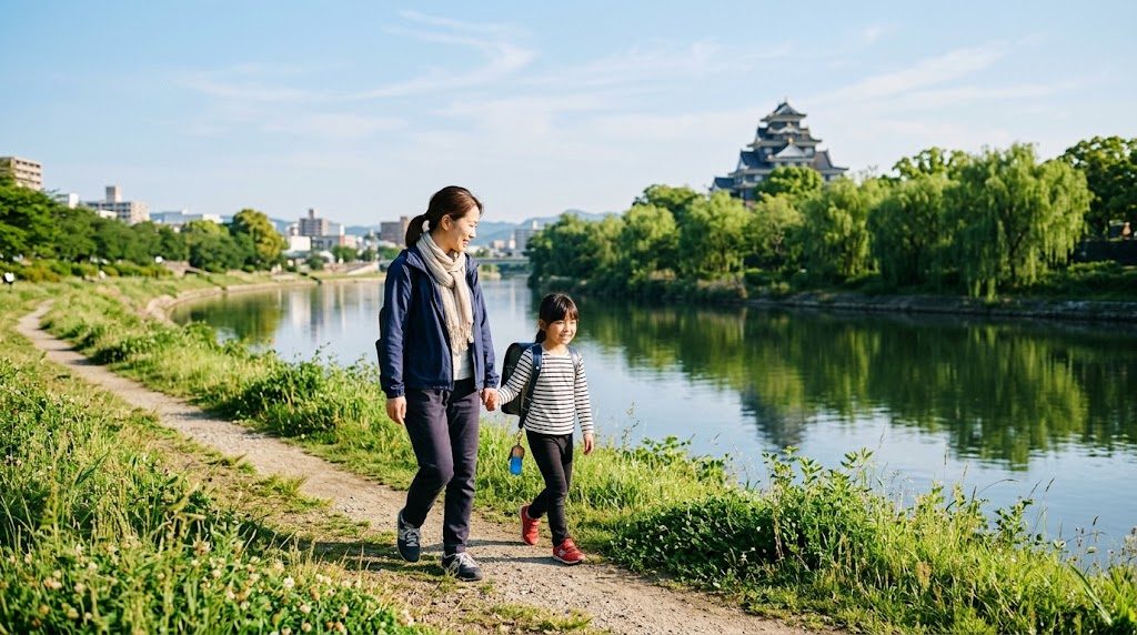 岡山城と旭川沿いの道を、手をつないで歩く親子