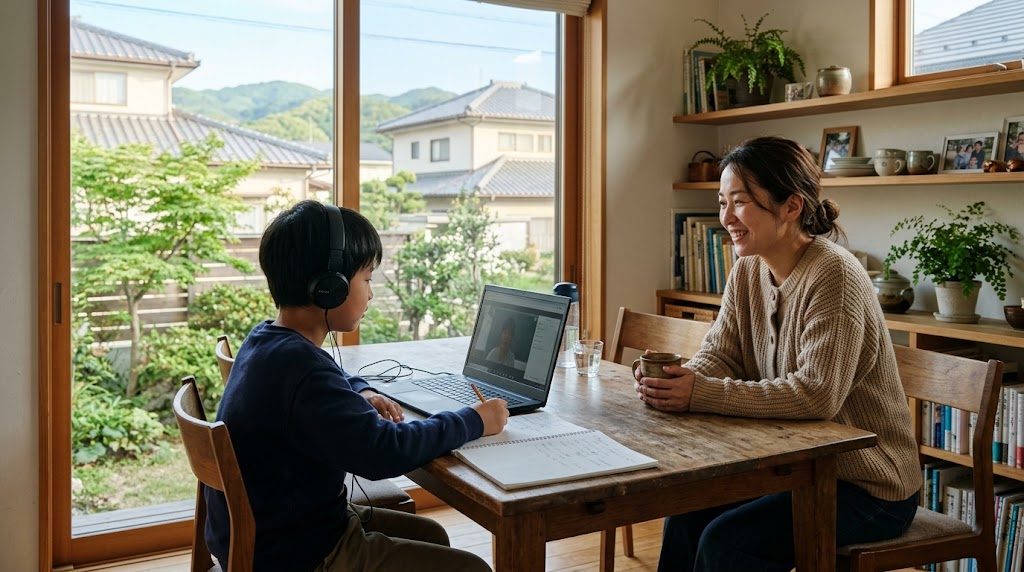 自宅のリビングでノートパソコンに向かい、オンライン授業に参加する子どもと見守る保護者