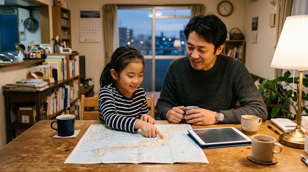 ダイニングテーブルで地図を広げ、引っ越しについて話し合う日本の親子
