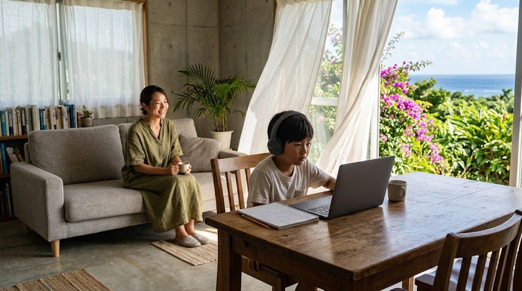 沖縄の自宅リビングで、子どもがノートパソコンでオンライン授業を受け、そばで母親が穏やかに見守る様子
