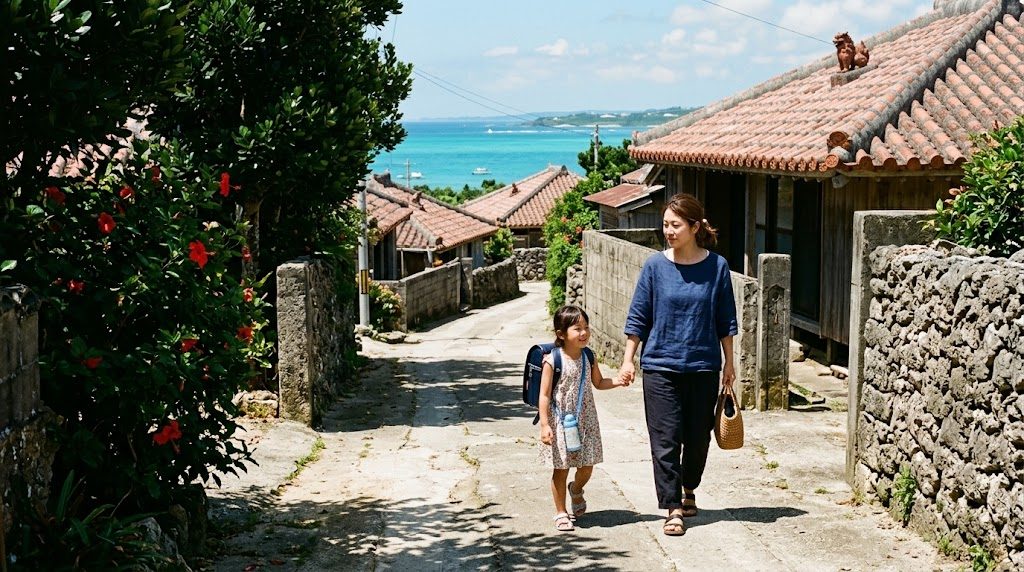 赤瓦の家とフクギ並木が続く沖縄の朝の道を、通学かばんを持った子どもと保護者が並んで歩く風景