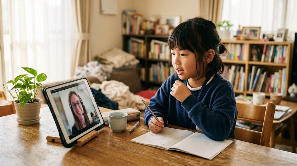 日本の家庭のリビングで小学生の子どもがタブレットに向かってオンライン英会話のレッスンを受けている温かい情景