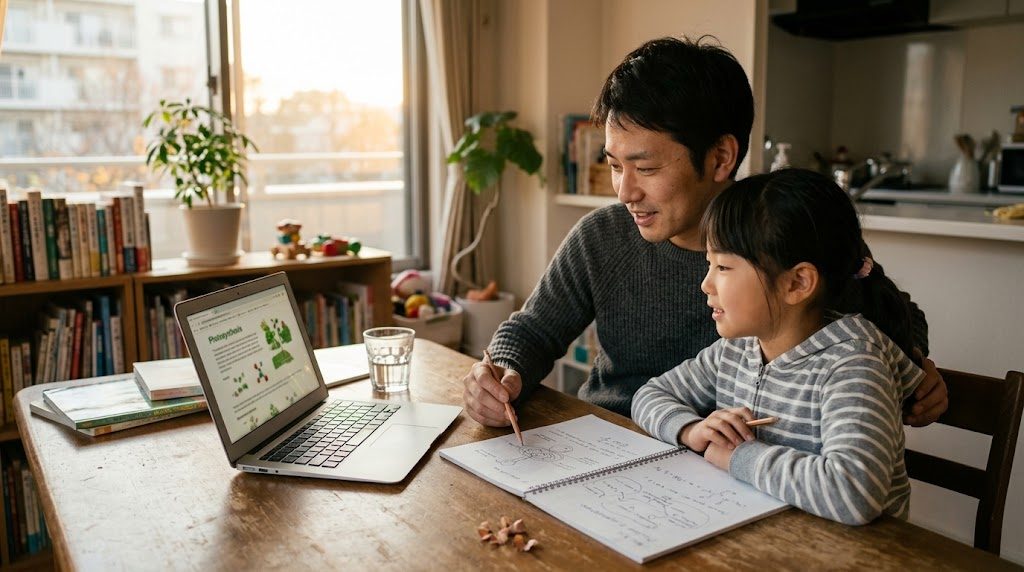 放課後の日本の家庭のダイニングで親子が英語の教科の話題を一緒に見ながら笑顔で対話している温かい情景