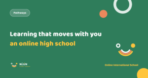 Key visual for an online high school for expat and globally mobile families, with the label Pathways and the phrase learning that moves with you