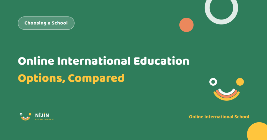 Key visual for the online international education options roundup, with the label Choosing a School and the phrase Options, Compared