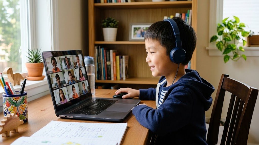 自宅の机で、画面に映る多様な仲間とのオンライン授業に参加する子どもの様子