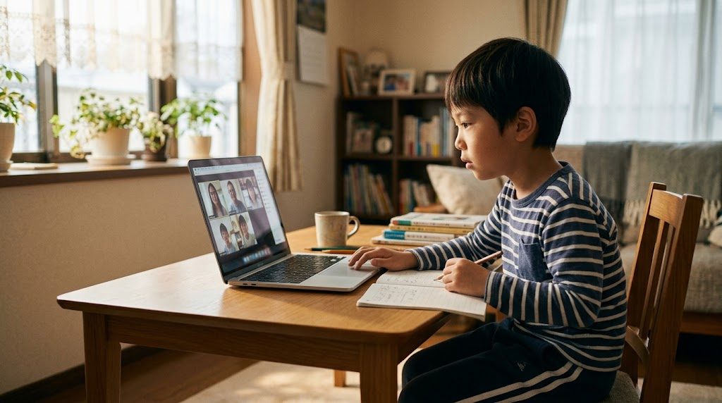 日本の家庭のリビングで小学生がノートパソコンに向かい、オンラインインターナショナルスクールの授業を受けている温かい情景