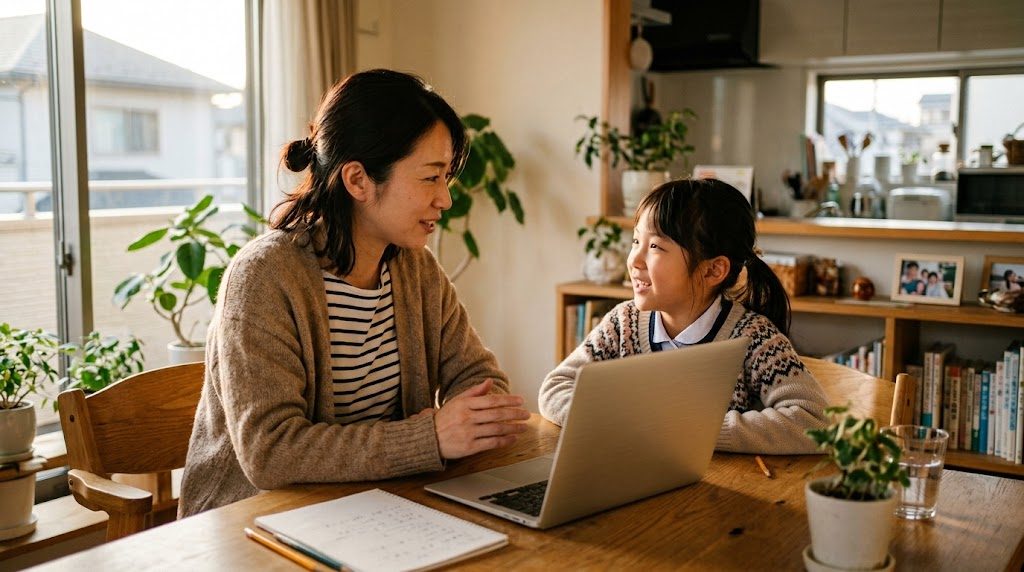 放課後に日本の家庭のダイニングで、親と小学生の子どもがオンライン授業の内容を一緒に話しながら笑顔で対話している温かい情景