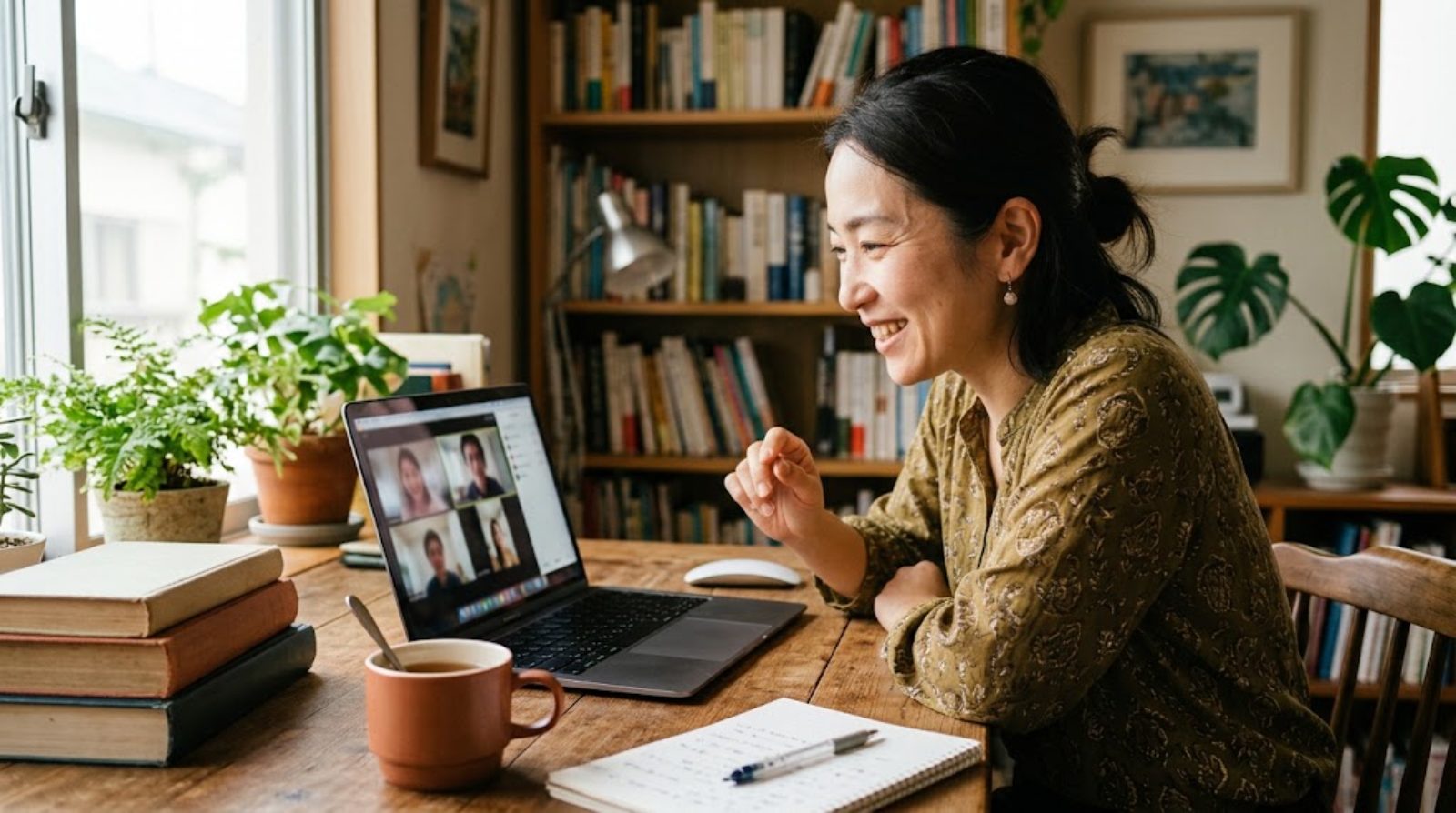 An online instructor leaning in to listen and talk with children through the screen during a small-group lesson from home