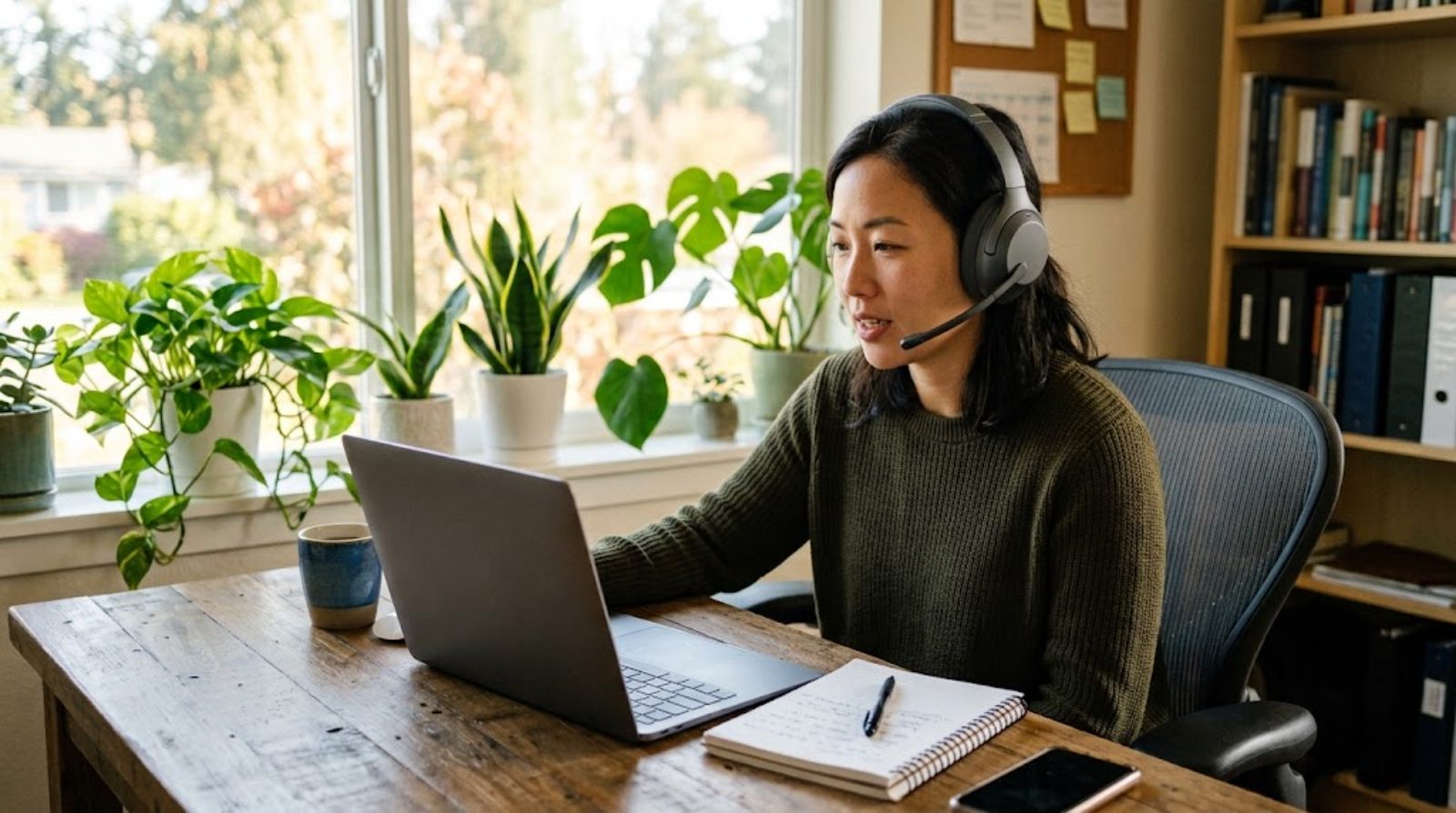An adult in their thirties focused on online-school work at a laptop with a headset in a bright home office, a fully remote way of working