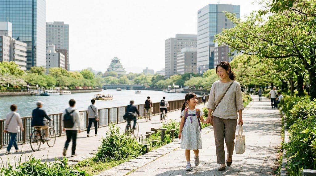 大阪城を背景に、朝の川沿いの道を手をつないで歩く母親と小学生の娘