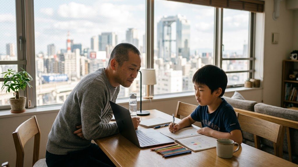 大阪の自宅リビングで、ノートパソコンを前にオンライン授業に参加する子どもと見守る父親