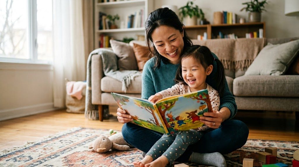 母親と幼い子が英語の絵本を一緒に開いて笑い合う家庭の様子