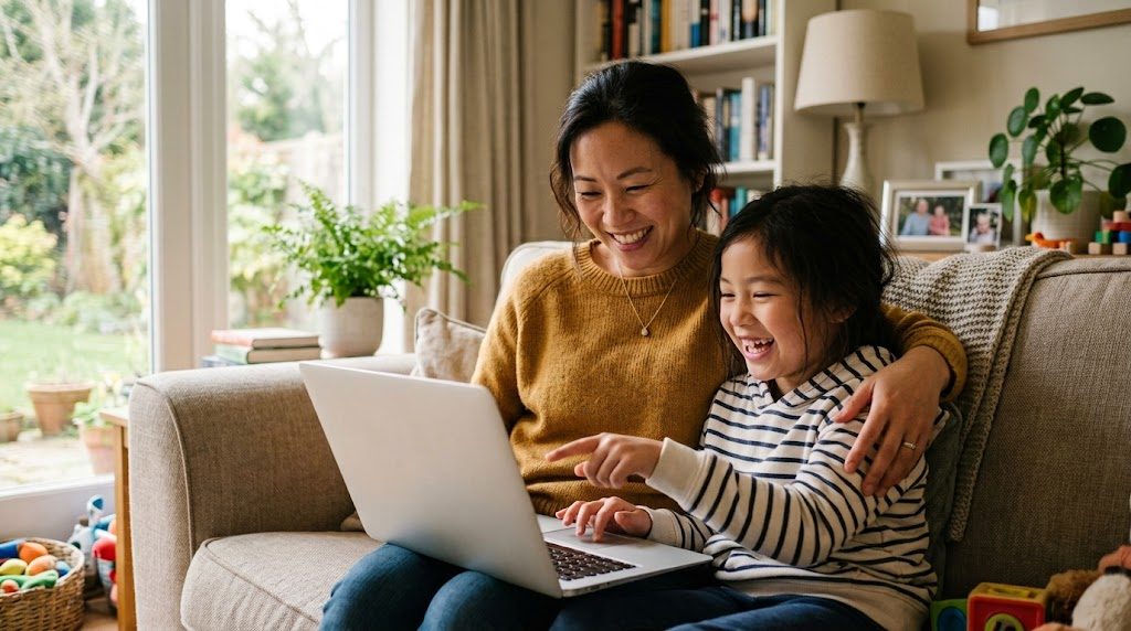 保護者と子どもが自宅で一緒に笑顔でノートパソコンの学びを探す様子