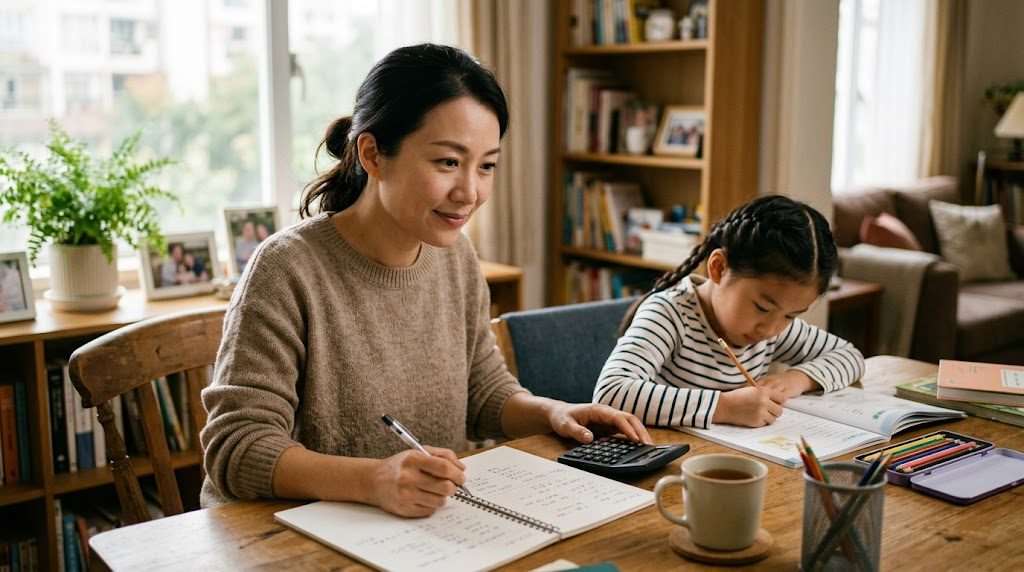 保護者が食卓でノートと電卓を手に教育費を前向きに考え、隣で子が学ぶ様子