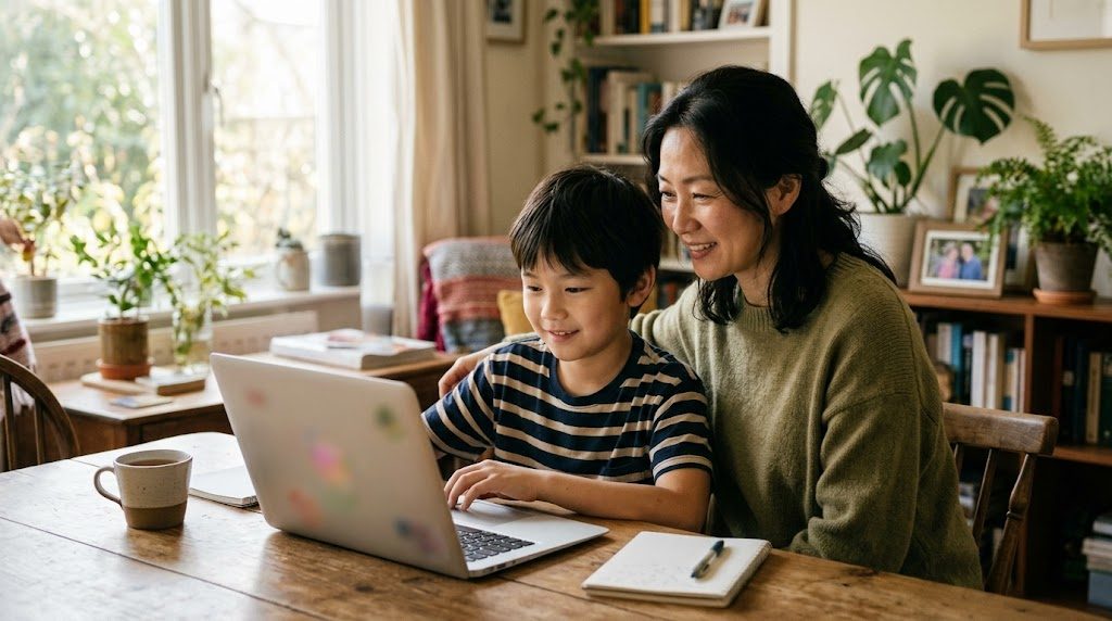 保護者が子どものとなりで穏やかに見守り、子どもがノートパソコンにやわらかく微笑む様子