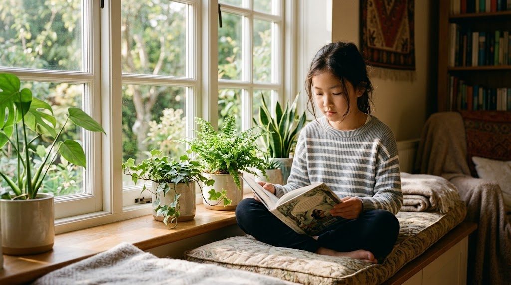自宅の明るい窓辺で、穏やかに本を読むことに集中する子どもの様子