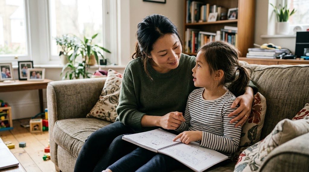 自宅のソファで、子どもの話に温かく耳を傾ける保護者の様子