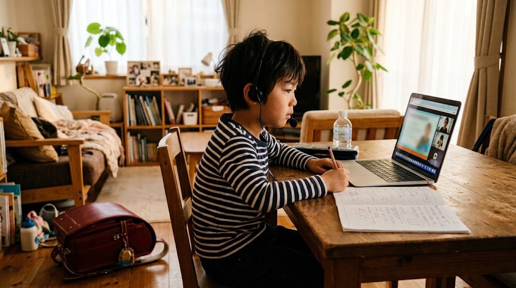 自宅のリビングで、ノートパソコンに向かってオンライン授業を受ける子どもの様子