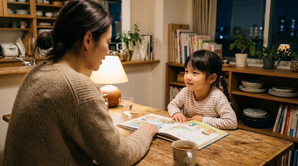 自宅のソファで、親子が英語の絵本を一緒に読んでいる様子