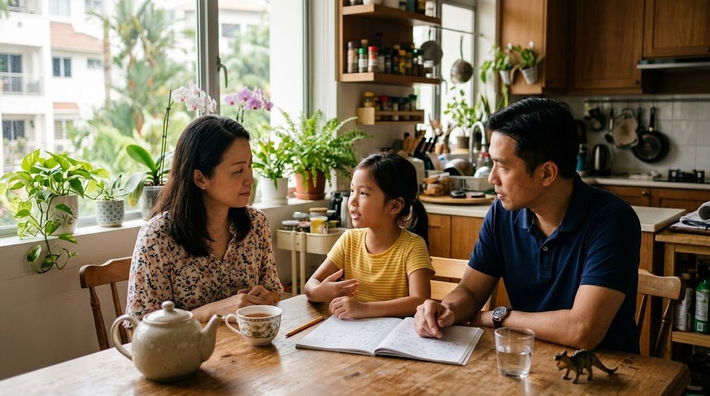 自宅のキッチンで、学校のことについて親子で穏やかに話し合う家族の様子。両親が子どもの話に耳を傾けている