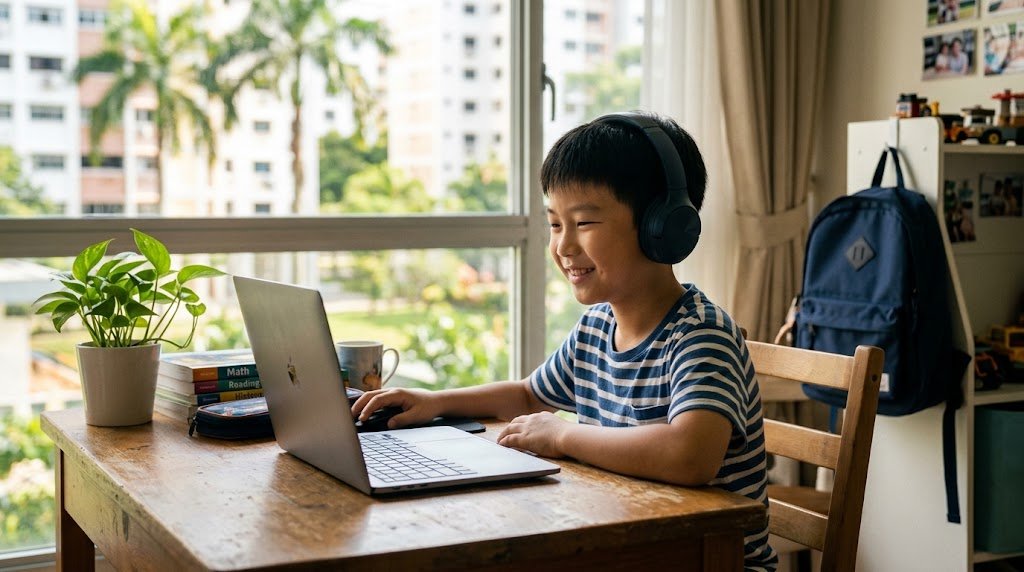 自宅の机で、ヘッドホンをつけてオンライン授業に穏やかな表情で参加する10歳くらいの子どもの様子