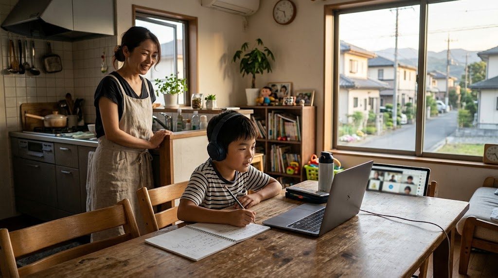 埼玉県の自宅のリビングで、子どもがノートパソコンでオンライン授業を受け、母親が近くで見守る様子