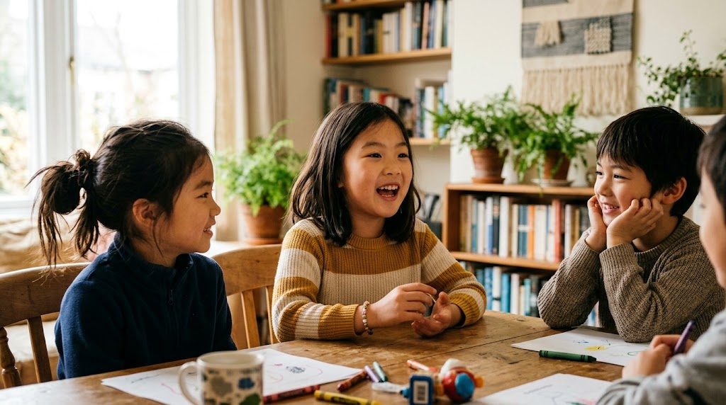 A child speaking up confidently and happily among a small group of children in a bright room
