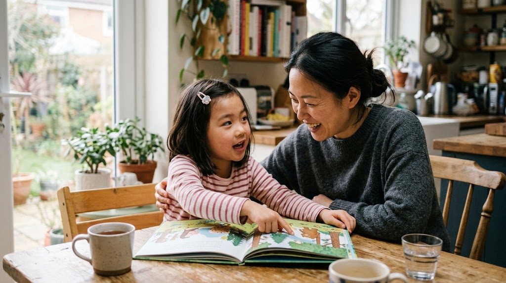 A parent and child talking warmly over a picture book at the kitchen table at home