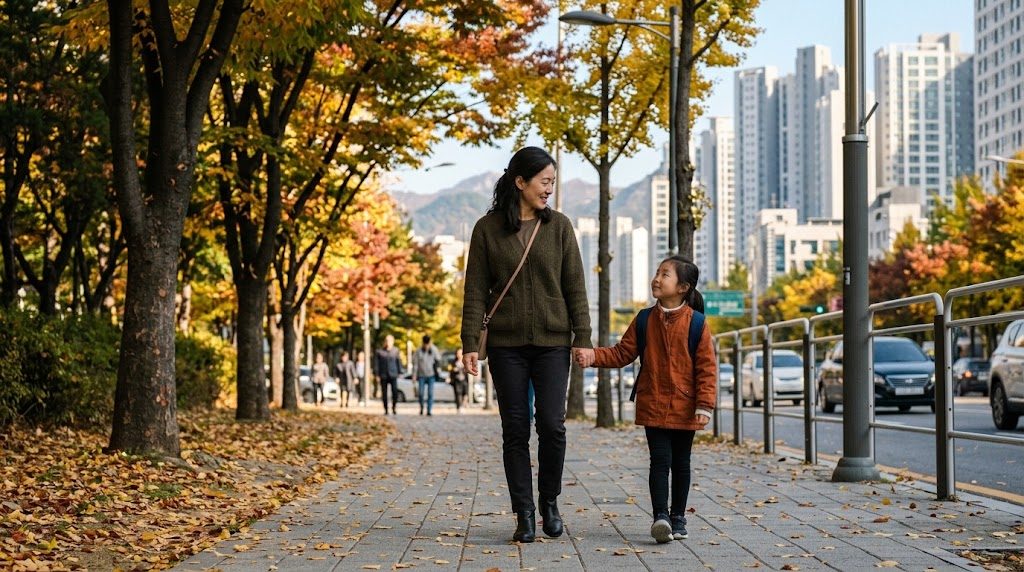 朝のソウルの街並みと遠くの山を背景に、通学する子どもと母親が手をつないで歩く様子