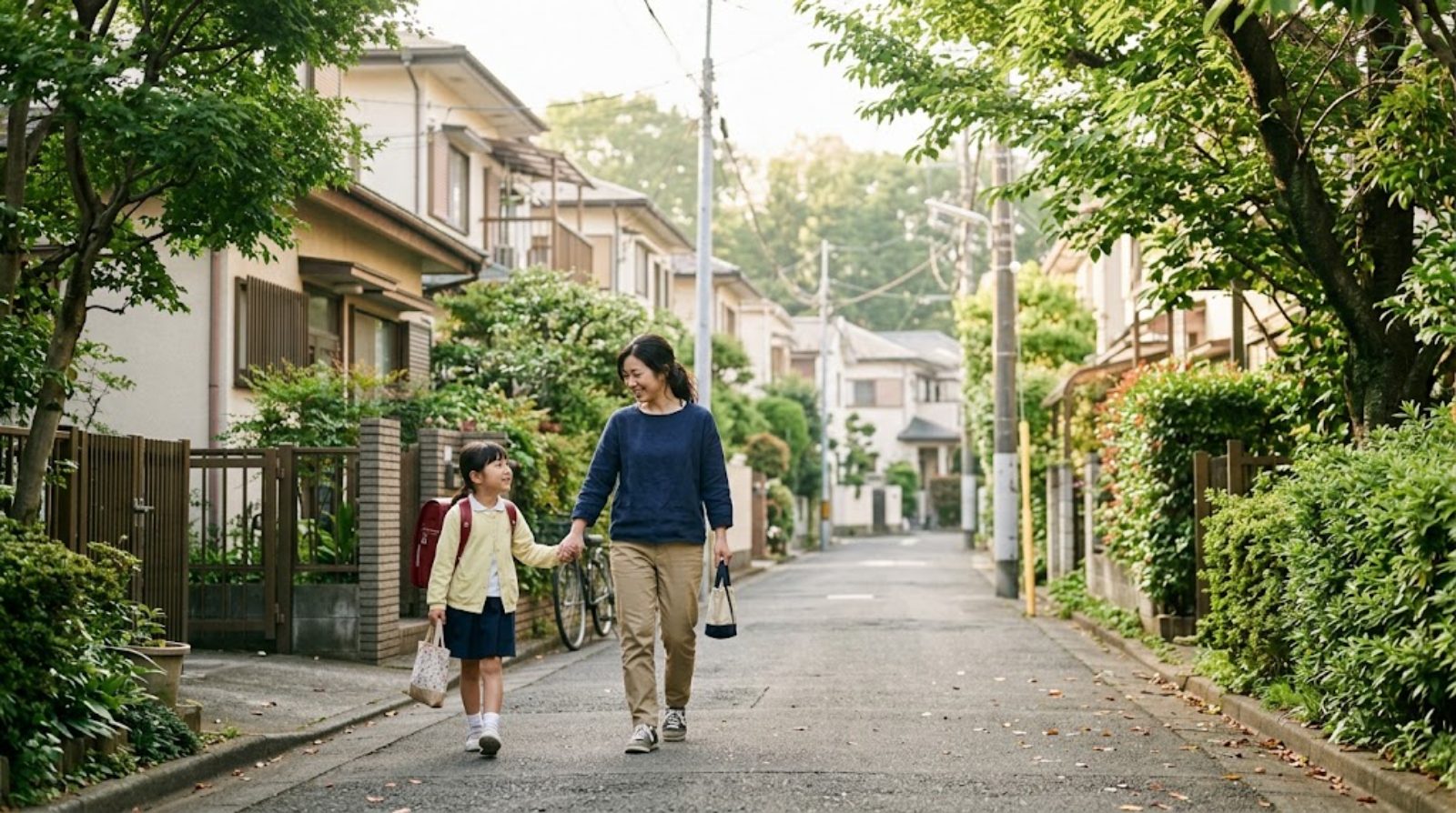 朝の世田谷区の閑静な住宅街を、通学かばんを持った子どもと母親が並んで歩く様子