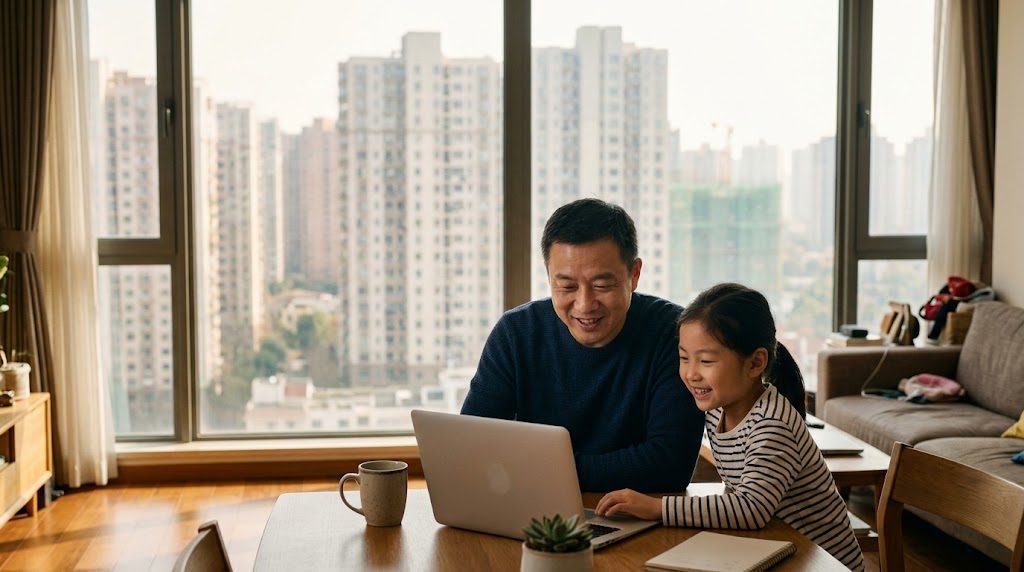 A parent and child at home in Shanghai looking at a laptop together, discussing online learning options