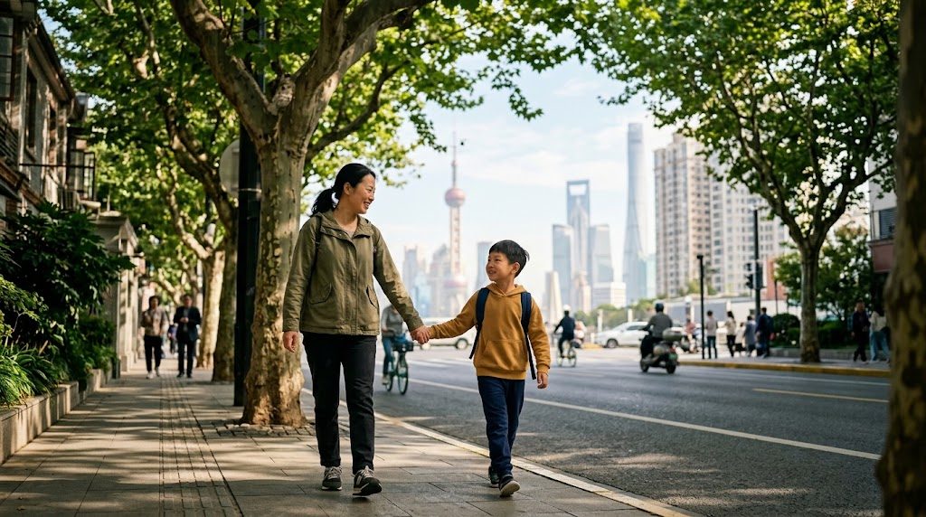 A parent and child walking hand in hand through a Shanghai neighbourhood on a bright school morning
